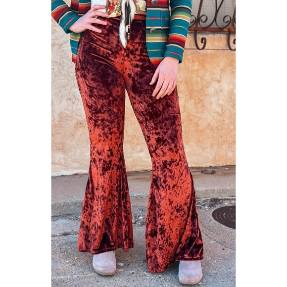 Silverado Velvet Flare Bell Bottom Pants Womens Size Medium Brown Fringed - Picture 6 of 10